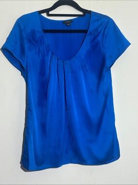 Ann Taylor Electric Blue Pleated Scoop-Neck Short Sleeve Blouse